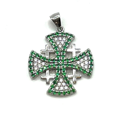 Sterling Silver Pave Stone Jerusalem Cross Pendant